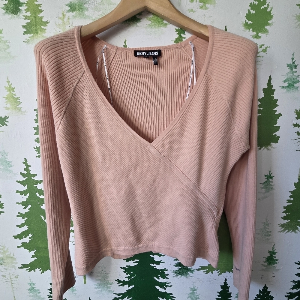 DKNY Jeans Dusty Rose Ribbed V-Neck Long Sleeve Top